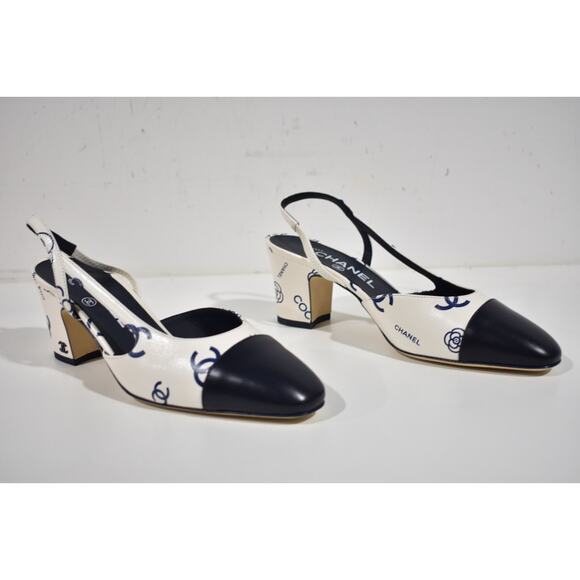 Chanel 23P Mademoiselle Coco Sling White Blue CC Logo Slingback Sandal Heel 40 - Picture 2 of 10